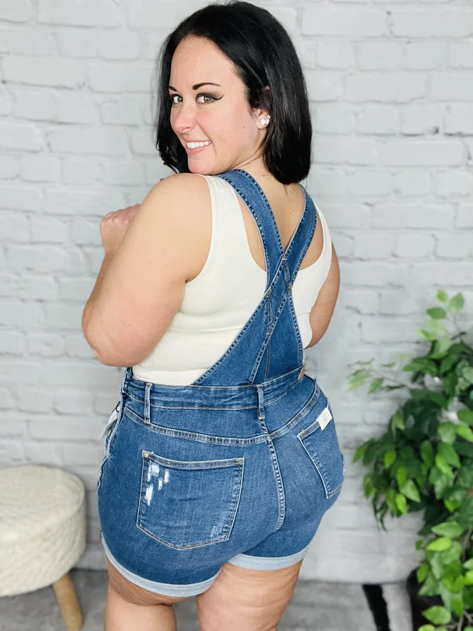 Judy Blue - "Maddie" Dark Blue High-Waisted Double Cuff Overall Shorts