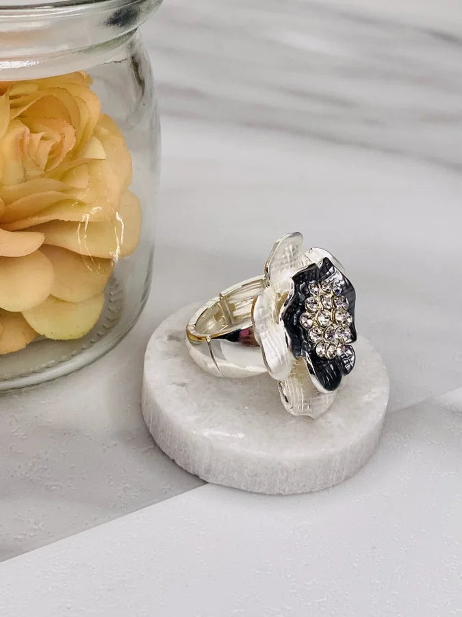 Ivory/Grey Flower Elastic Ring by Periwinkle