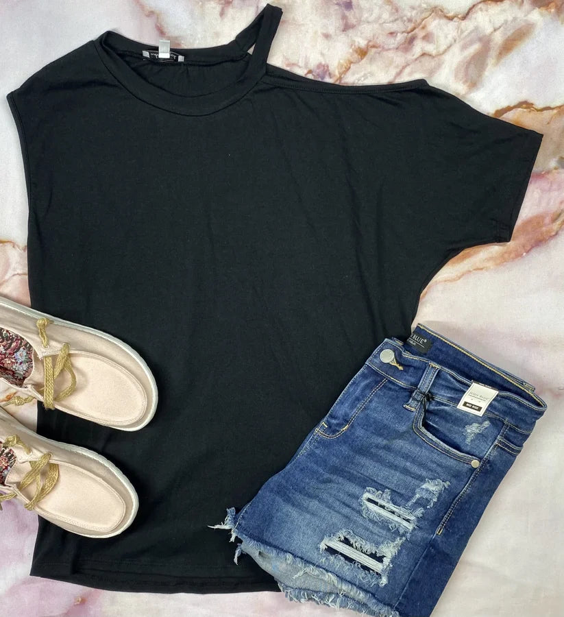 Solid Black Short Sleeve Cold Shoulder Top