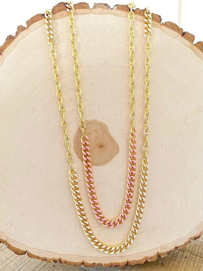 18 Kt. Gold Plated Link Chain w/ Pink Enamel Cuban Chain Necklace - 34"