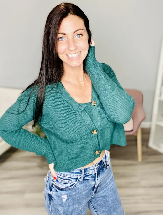 Reg. Deep Green Sleeveless Crop Top/Cardigan Sweater Set