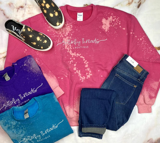 CUSTOM "BUTTERFLY THREADS BOUTIQUE" BLEACHED SWEATSHIRT - MYSTER COLOR