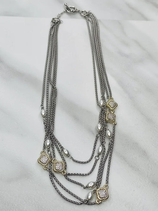 18" 5-layer Box Chain Necklace w/ Pearls & CZ Crystals