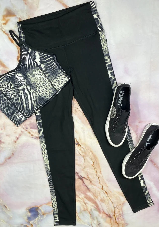 MONO B BLACK HIGHWAIST LEGGINGS WITH SAFARI BLOCK CONTRAST