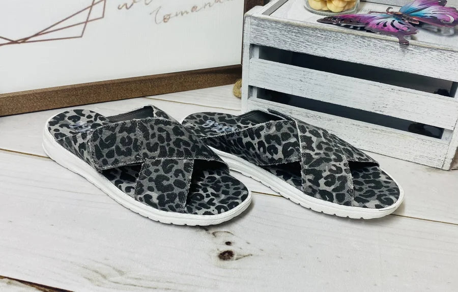 "Ocean Prints" Grey Leopard Velcro Sandals - Gypsy Jazz