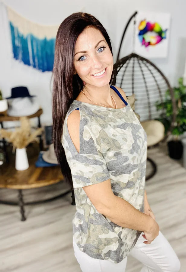 Reg/Plus Charcoal/Olive Camo Off-the-Shoulder Short Sleeve Top