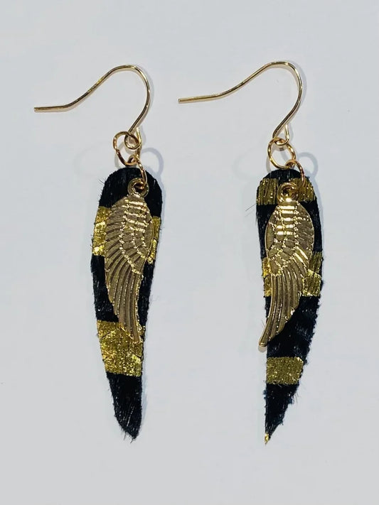 BLACK AND GOLD LEATHER WING EARRINGS