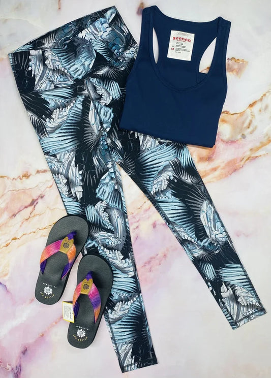MONO B SAPPHIRE BLUE/BLACK/WHITE FEATHER PRINT HIGHWAIST LEGGINGS