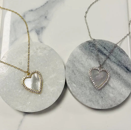 20" Dainty Necklace with Mother of Pearl & CZ Crystal Heart Pendant