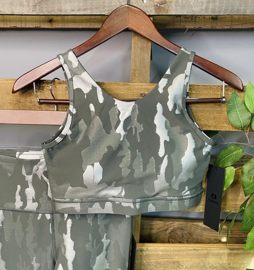 Mono B Smoky Grey/Silver Foil Camo Sports Bra w/ Criss-Cross Back