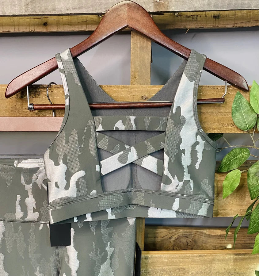 Mono B Smoky Grey/Silver Foil Camo Sports Bra w/ Criss-Cross Back