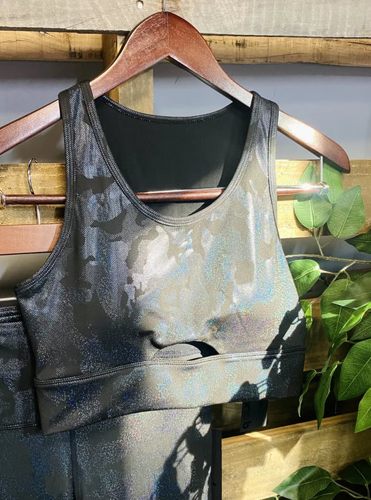 Mono B Black Peekaboo Racerback Sports Bra w/ Navy Holographic Camo Detail