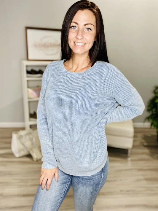 Reg/Plus Denim Knit Crew Neck Long Sleeve Top