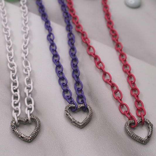 18" Enamel Link Chain with CZ Crystal Heart Pendant, Magnetic Closure 8MM