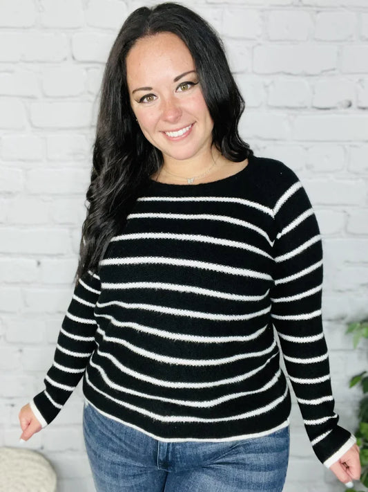 Reg/Plus Black/Ivory Striped Crew Neck Sweater