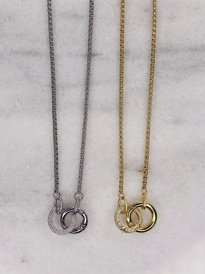 18" Rhodium Box Chain w/ Dual Pave CZ/Plain Ring & Magnetic Closure