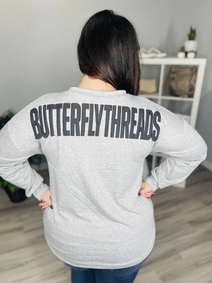 Reg/Plus Custom Heather Grey "Butterfly Threads" Long Sleeve Top