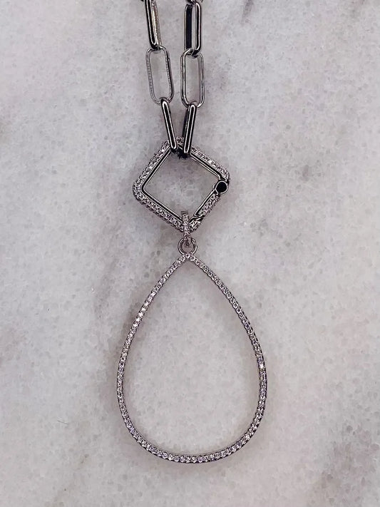 18" Rhodium Paperclip Link Chain w/ CZ Pear-Shaped Pendant & Magnetic Closure