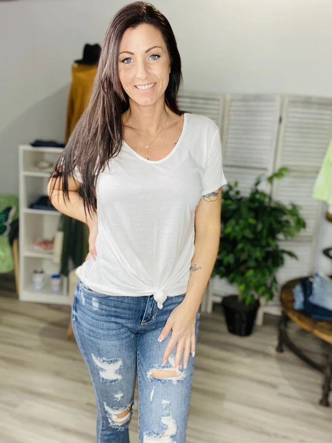 Reg/Plus Ivory Short Sleeve Top w/ Front Knot