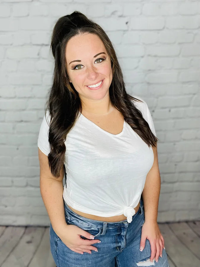 Reg/Plus Ivory Short Sleeve Top w/ Front Knot