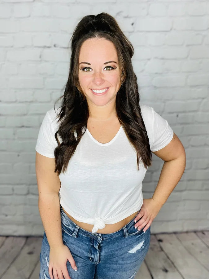 Reg/Plus Ivory Short Sleeve Top w/ Front Knot