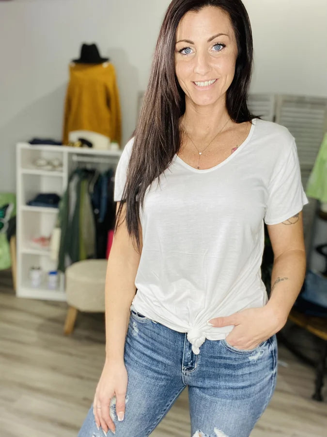 Reg/Plus Ivory Short Sleeve Top w/ Front Knot