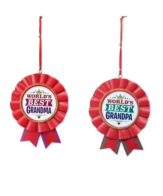 "World's Best Grandma" and "World's Best Grandpa" Ribbon Award Ornaments (Multiple Styles)