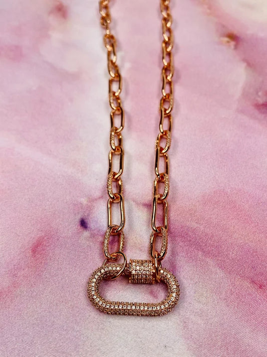 18" Rose Gold-Plated CZ Paperclip Chain w/ Pave CZ Carabiner & Magnetic Closure