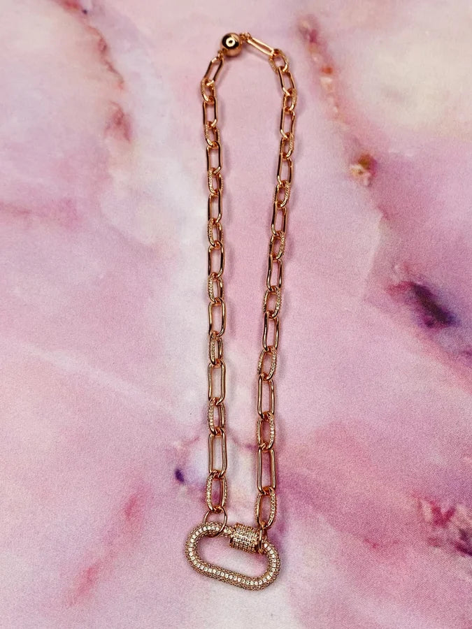 18" Rose Gold-Plated CZ Paperclip Chain w/ Pave CZ Carabiner & Magnetic Closure