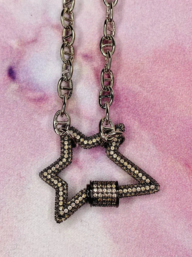 18" Rhodium Fancy Link Chain w/ Pave Champagne CZ Carabiner Star & Magnetic Closure