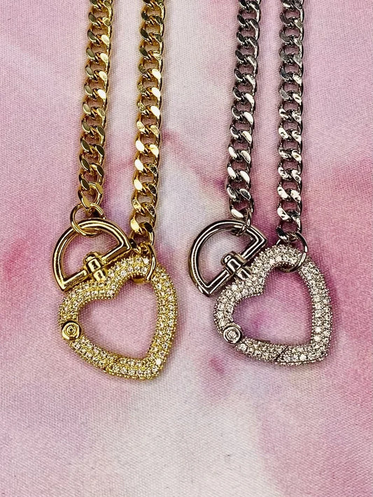 18" Cuban Link Chain Necklace w/ Pave CZ Heart & Magnetic Closure