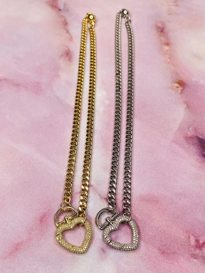 18" Cuban Link Chain Necklace w/ Pave CZ Heart & Magnetic Closure