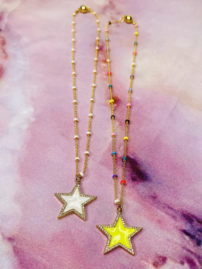 18" Enamel Beaded Chain Necklace w/ Star Pendant & Magnetic Closure