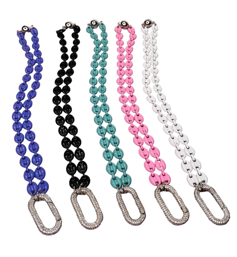 18" Enamel Fancy Puff Link Chain Necklace w/ Pave CZ Carabiner & Magnetic Closure