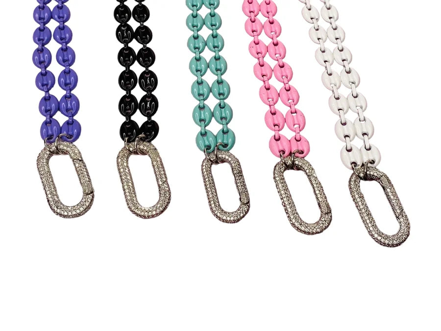 18" Enamel Fancy Puff Link Chain Necklace w/ Pave CZ Carabiner & Magnetic Closure