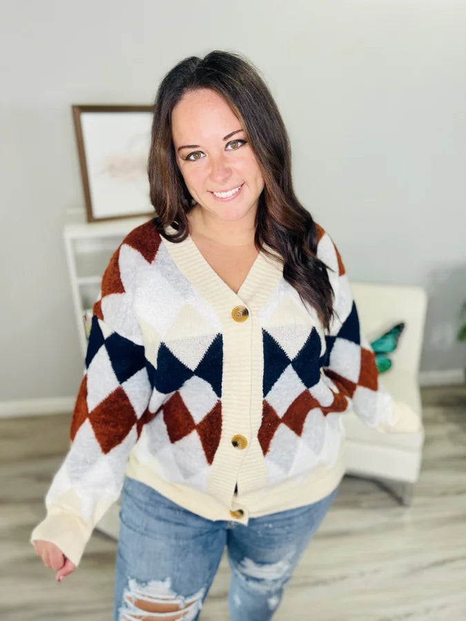 Reg. Light Grey/Beige Argyle Cardigan Sweater