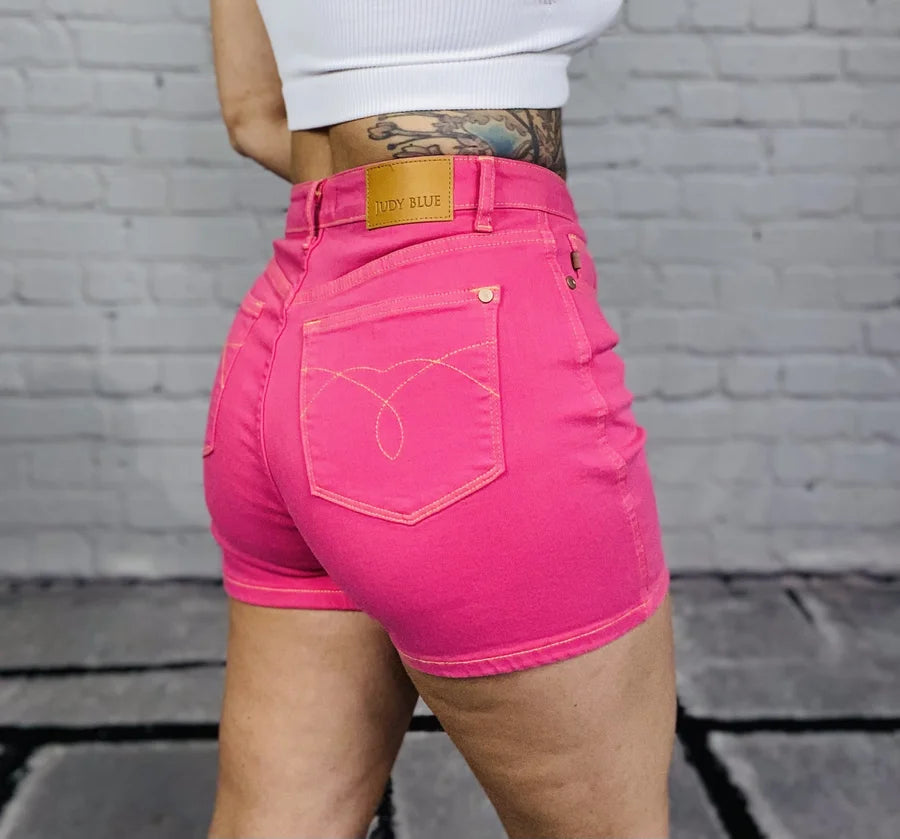 Judy Blue - "Isabelle" Magenta High-Waisted Pocket Embroidered Shorts