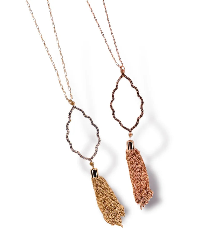 Oval Pendant w/ Tassel Detail & Stud Earrings