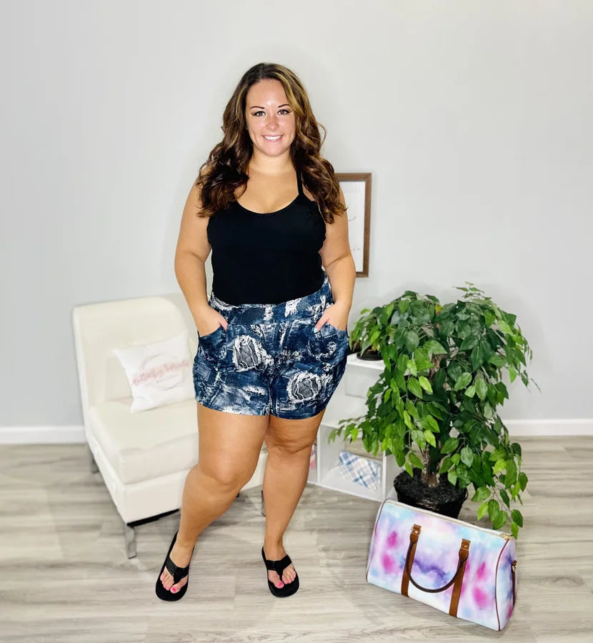 Reg/Plus Navy Denim Design Harem-Style Shorts