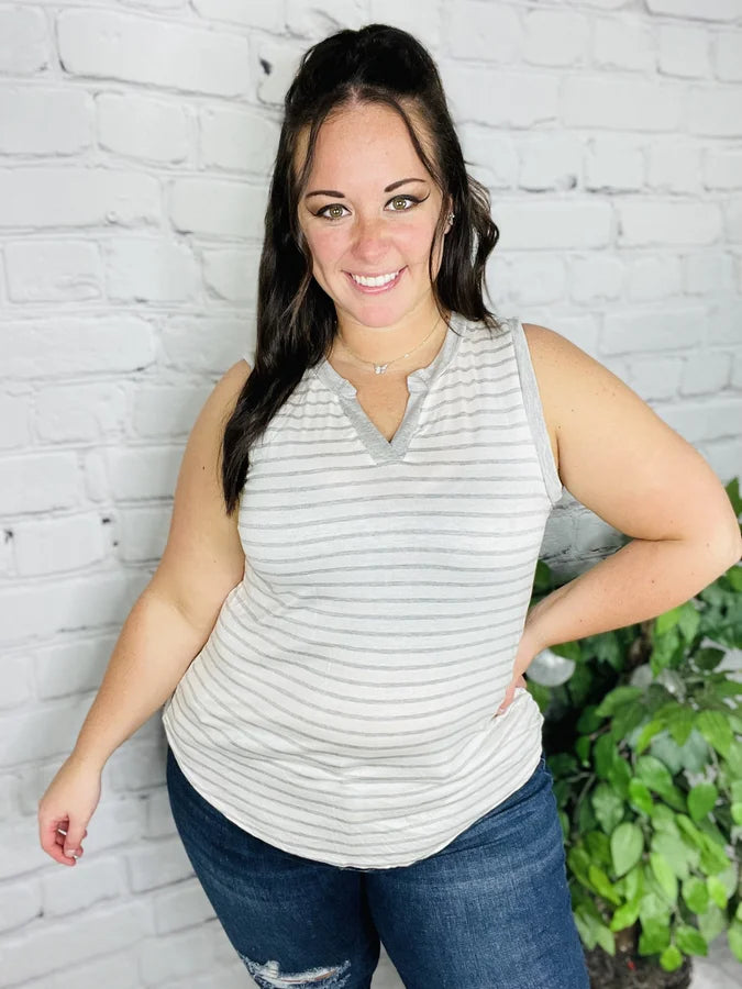 "Crazy for Stripes" Heather Grey/Ivory Sleeveless Top - Reg/Plus