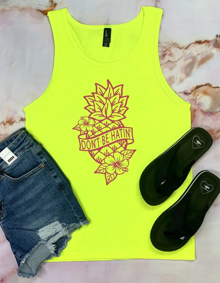 "Don't Be Hatin" Neon Yellow Graphic Tank Top