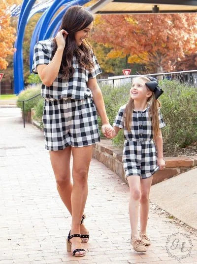 Mommy & Me White Plaid Button Down Romper w/ Pockets