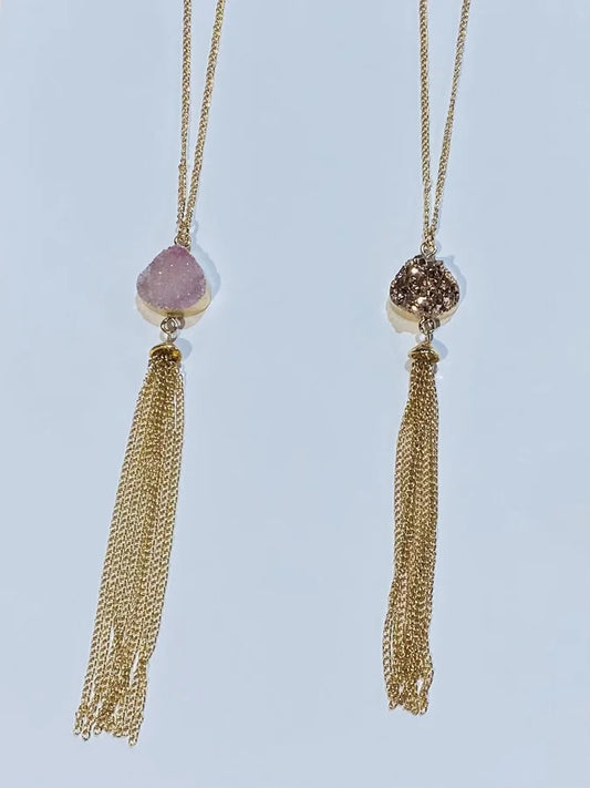 Long Necklace w/ Drop Druzy & Gold Tassel