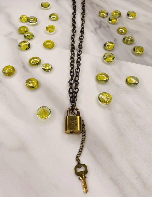 Bronze Chain Necklace w/ Brass Lock & Key Pendants