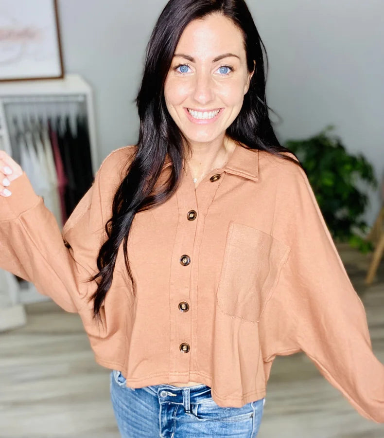 Reg. Brick Red Button-Down Dolman Sleeve Shacket