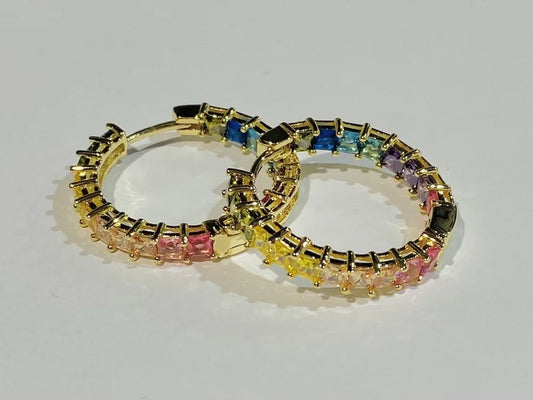 Gold Plated In & Out Multicolor Cubic Zirconia Hoop Earrings