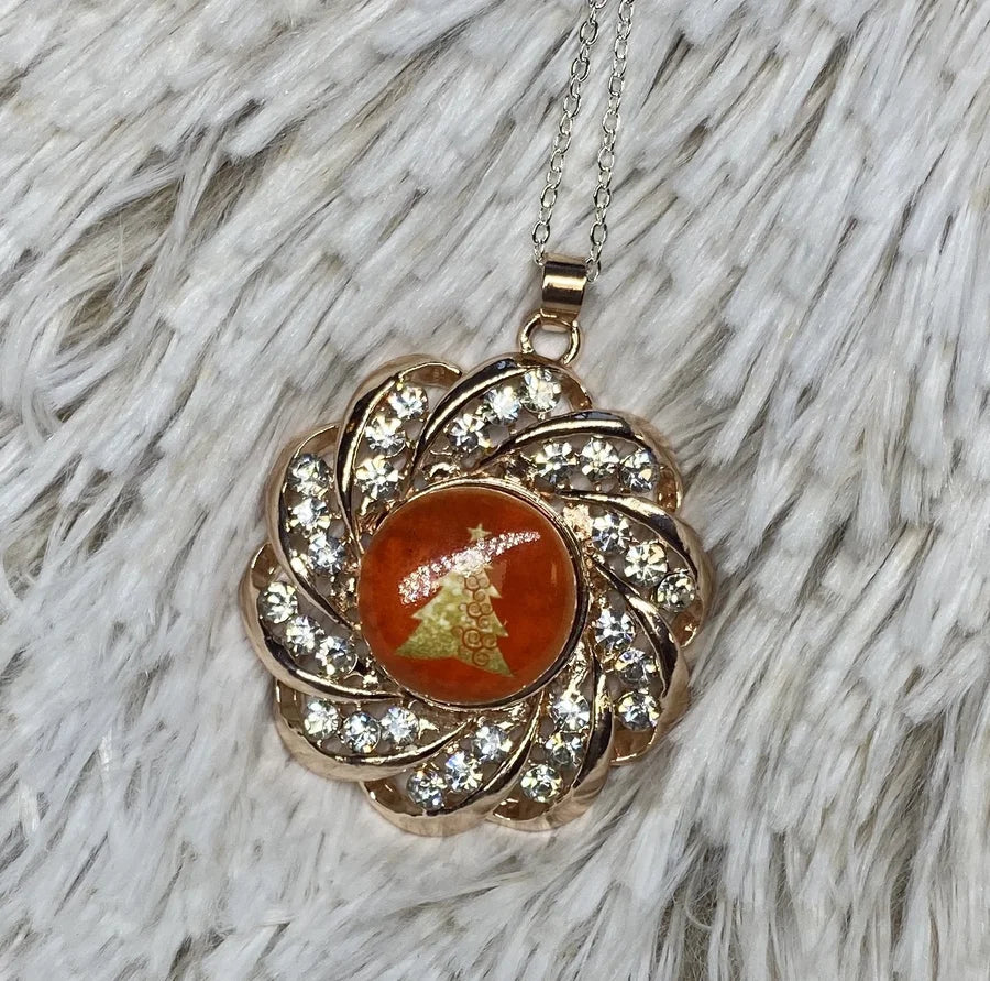 Rose Gold Spiral Pendant w/ Silver Chain & Christmas Tree Snap