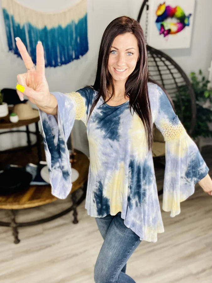 Reg. Blue/Yellow Tie Dye Bell Sleeve Top
