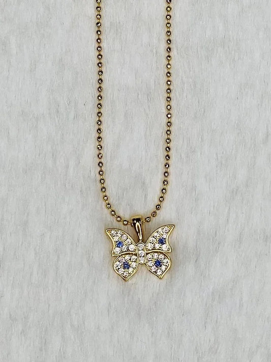 Gold Plated Brass Cubic Zirconia Butterfly Necklace - 16" +2