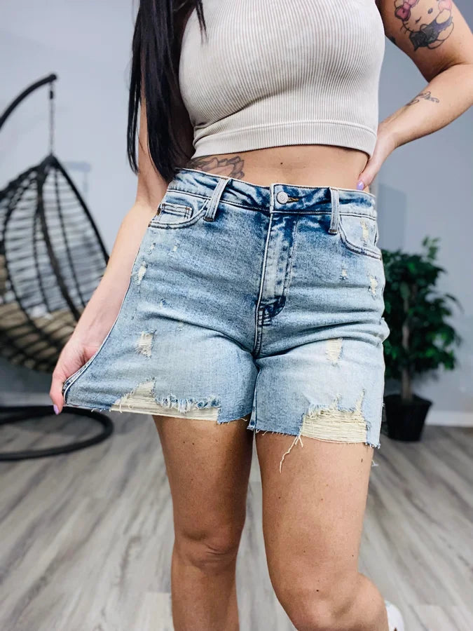 Judy Blue - "Mariah" Light Blue High-Waisted Mineral Wash Destroyed Boyfriend Shorts